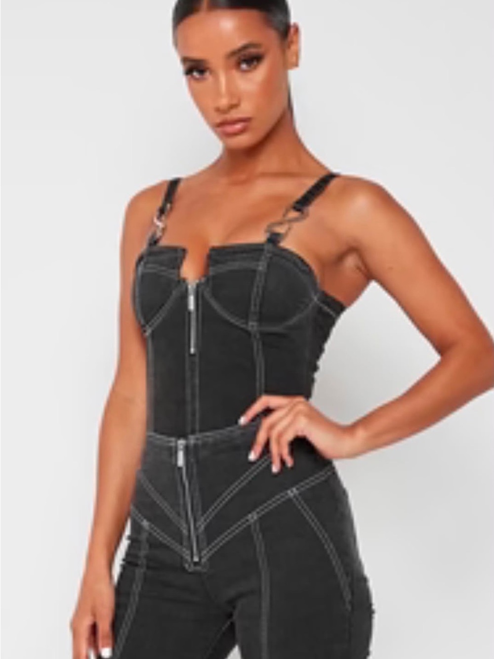 Black Contrast-Stitch Denim Zip Front Jeans/ only the top for sale